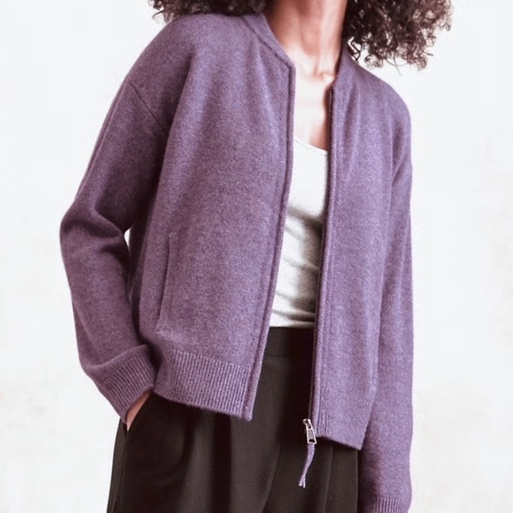 GARNET HILL Washable Cashmere Bomber Zip Cardigan in Mauve - S - Picture 1 of 14